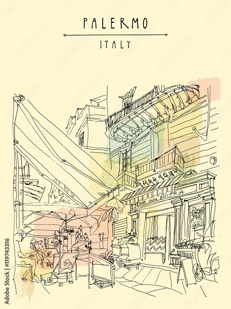 Street cafe in Palermo, Sicily, Italy. Artistic illustration of a cozy nice place with people. Retro style freehand drawing. Book illustration. Vertical travel postcard or poster template