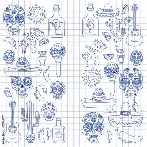 Vector set of Mexicon doodle icons Hello. Love. How are you. Food. Drinks.
