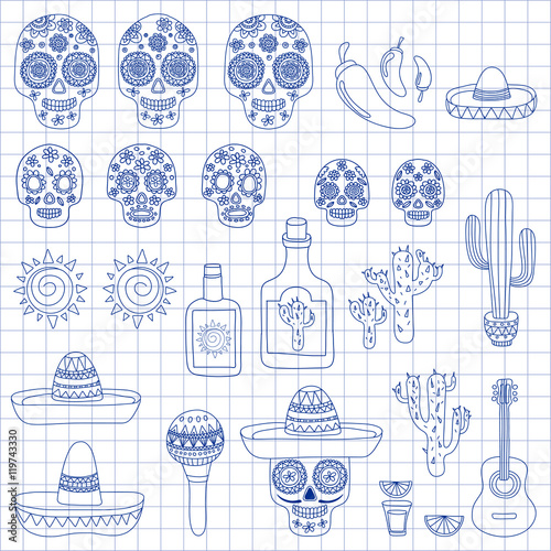 Vector set of Mexicon doodle icons Hello. Love. How are you. Food. Drinks.