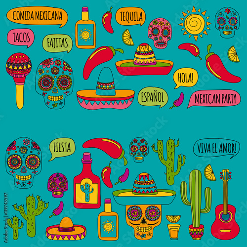 Vector doodle icons Mexican party Hello How are you Food Drinks