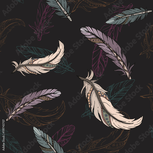 Seamless pattern with colorful feathers