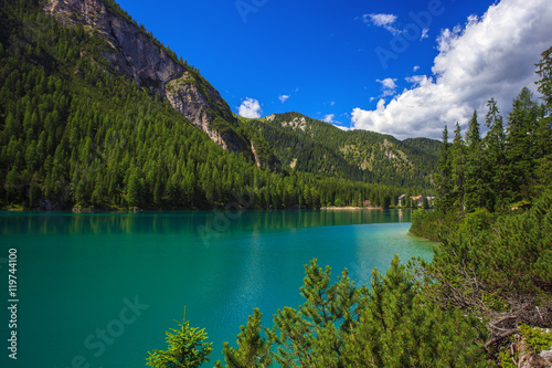 Fototapeta Naklejka Na Ścianę i Meble -  Amazing view of Braies Lake (Lago Di Braies, Pragser Wildsee) in Northern Italy