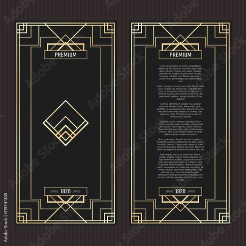 Vector geometric cards in Art Deco style. Premium vector abstract  Art Deco design. Premium vector frame in luxury style. Golden menu with emblem.