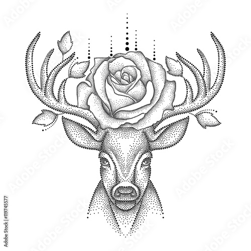 Vector illustration with dotted head deer with antlers, roses and leaves in black isolated on white background. Animal and floral elements in dotwork or pointillism style. Creative design for tattoo.