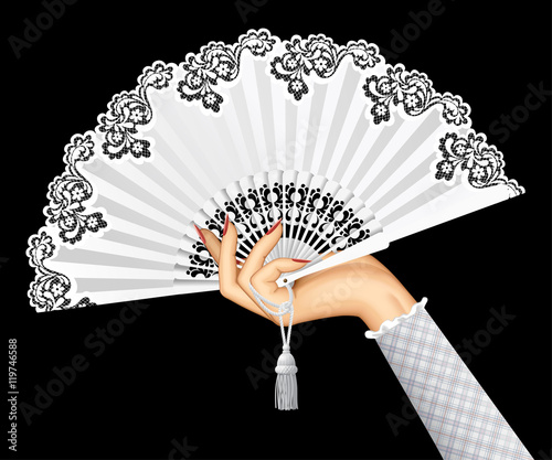 Female hand with open white vintage fan on black backgrond