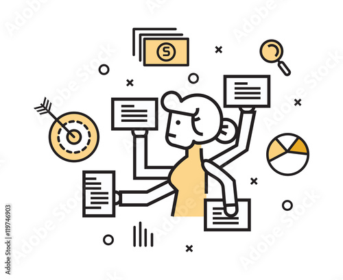 Businesswoman with multi tasking work. flat line design elements. vector