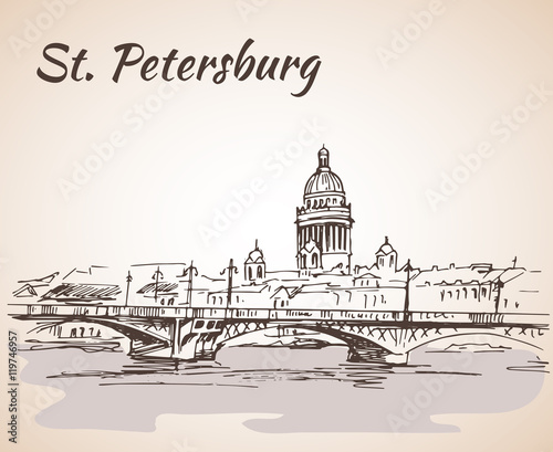 Saint Isaac Cathedral and bridge in Saint Petersburg, Russia. Sk