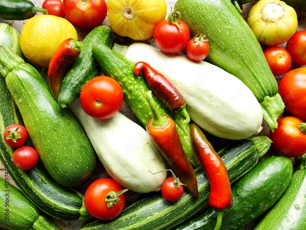 Reiche Ernte im Biogarten, bunte Gemüsemischung Reiche Ernte im Biogarten, bunte Gemüsemischung