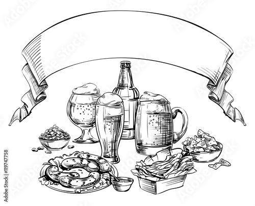 Different Gglass Mugs, Bottle, Cans Beer and Snacks with curved empty Ribbon on top for text. Hand Drawing sketch composition for Oktoberfest, menu the restaurant, pub, bistro, bar, isolated vector 