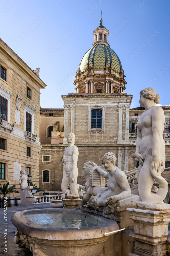 Palermo Fontana Pretoria, Sicily, Italy. Historical buildings, 