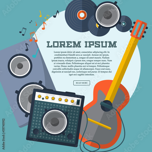 Set of guitar, combo amp, speaker, notes and records with space for your advertising. Frame. Vector
