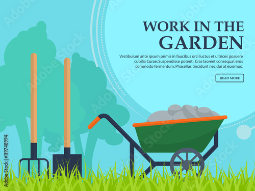 Wheelbarrow, shovel and pitchfork to work in the garden on a background of trees with space for your advertising. Vector