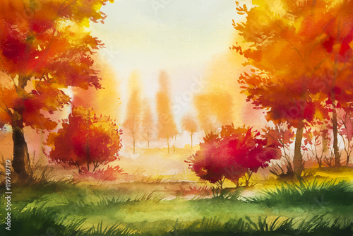 Autumn landscape. Watercolor illustration.