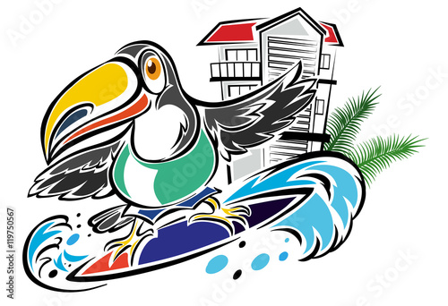 Toucan surfing in the ocean
