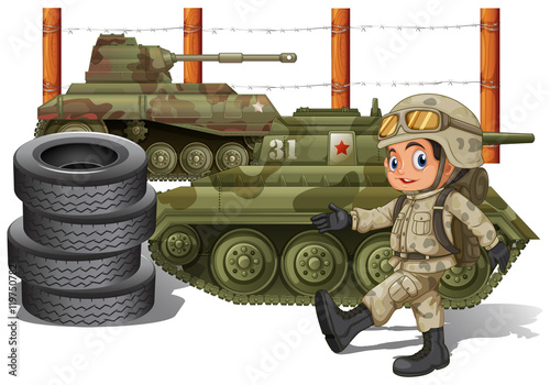 Soldier and military tanks