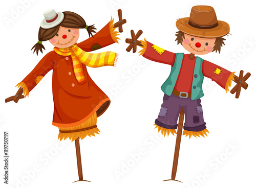 Canvas Print Two scarecrows look like human boy and girl