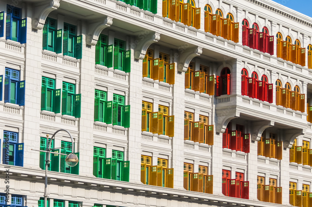 Obraz premium Windows wiht multi-colored sun blind. The Old Hill Street Police Station, Singapore