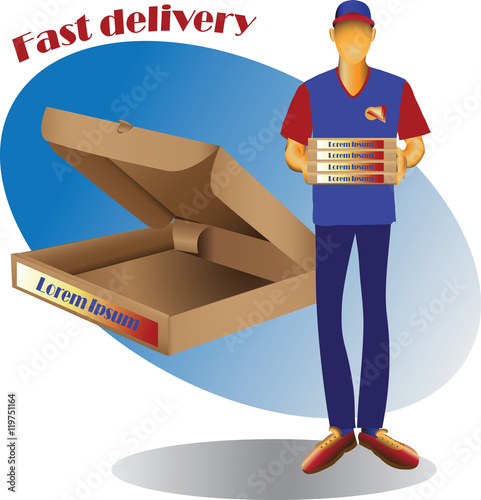 Courier delivery of goods and square packing. Vector image for advertising, sales and delivery of finished products to order.