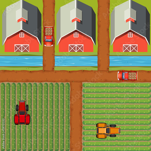 Aerial scene of farmland with crops and barns