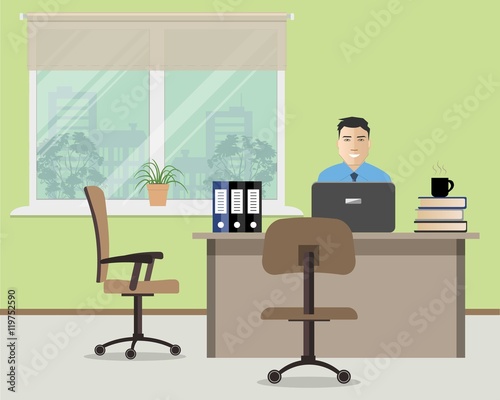 Web banner of an office worker. The man is an employee at work. There is furniture in beige color on a window background. Vector illustration