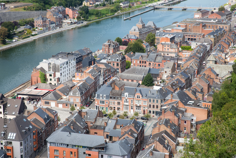 Aerial view Dinant along Meuse river in Belgium