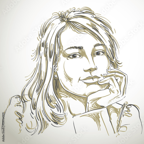 Vector art drawing of pensive romantic woman with stylish haircu