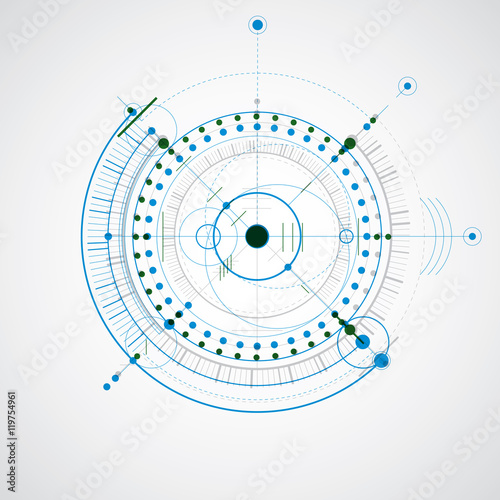 Technical drawing made using dashed lines and geometric circles.