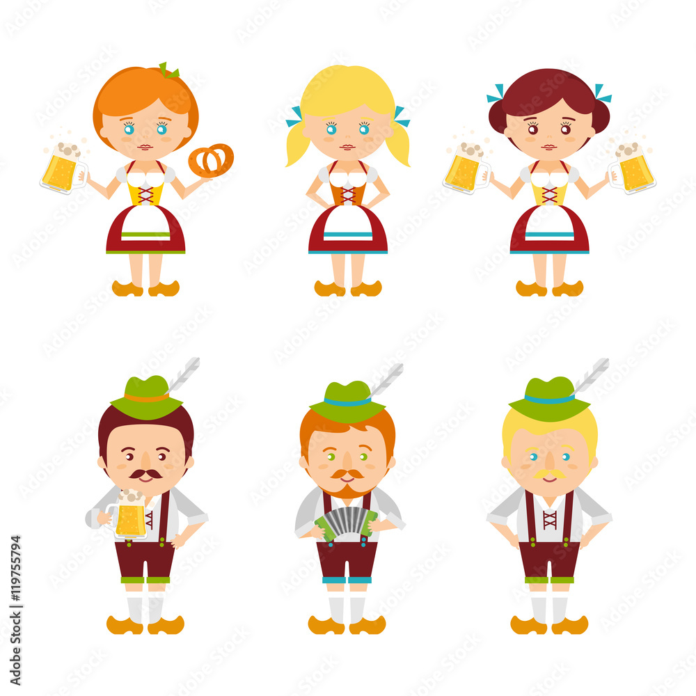 Vector set of characters Oktoberfest. Girls and boys in traditional Bavarian costume. Oktoberfest beer festival flat icons