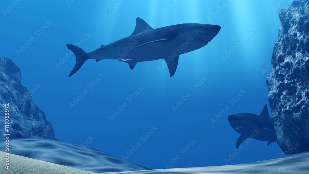 Fototapeta premium Flock of sharks underwater with sun rays and stones in deep blue sea