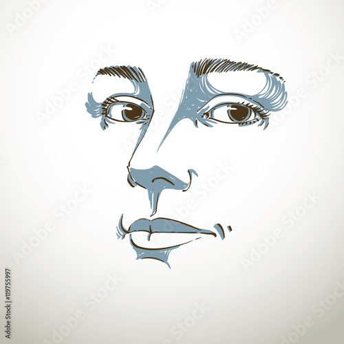 Portrait of tender dreamy still woman, black and white vector dr