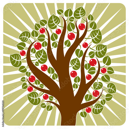 Fruity tree with ripe apples placed on stylized background. Orga