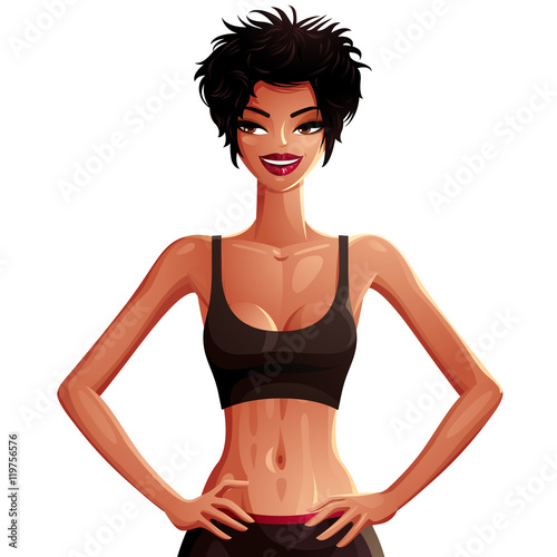 Beautiful tanned woman in a sportswear holds her hands on a wais