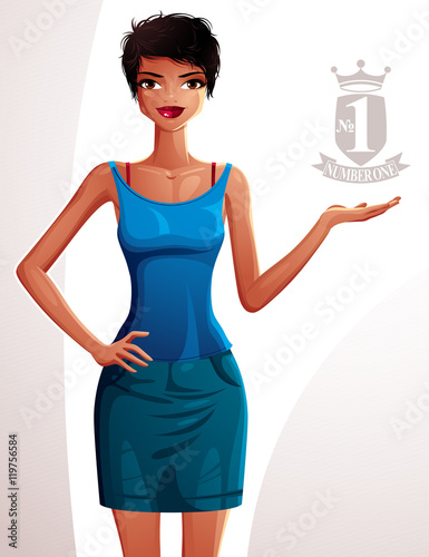 Beautiful tanned woman, full-length portrait. Colorful drawing o