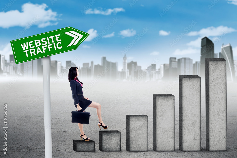 Woman with graph of website traffic Woman with graph of website traffic