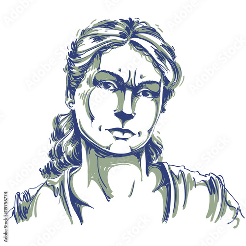 Hand-drawn portrait of white-skin doubtful woman, face emotions