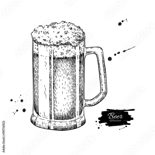 Glass mug of beer sketch style vector illustration. Hand drawn isolated beverage object on white background. Alcoholic drink drawing. Great for restaurant, bar, pub menu, oktoberfest decor.