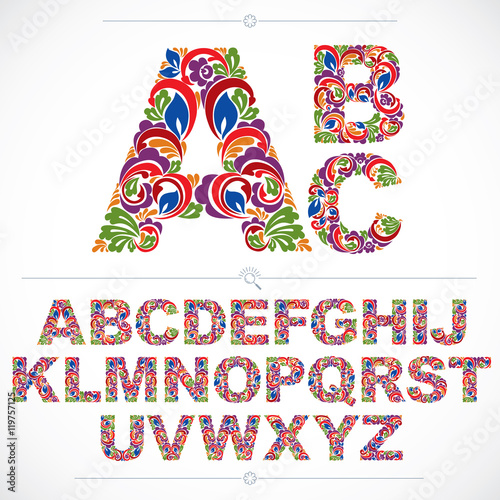 Floral alphabet sans serif letters drawn using abstract vintage