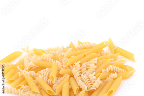 Various types of pasta on a white background.