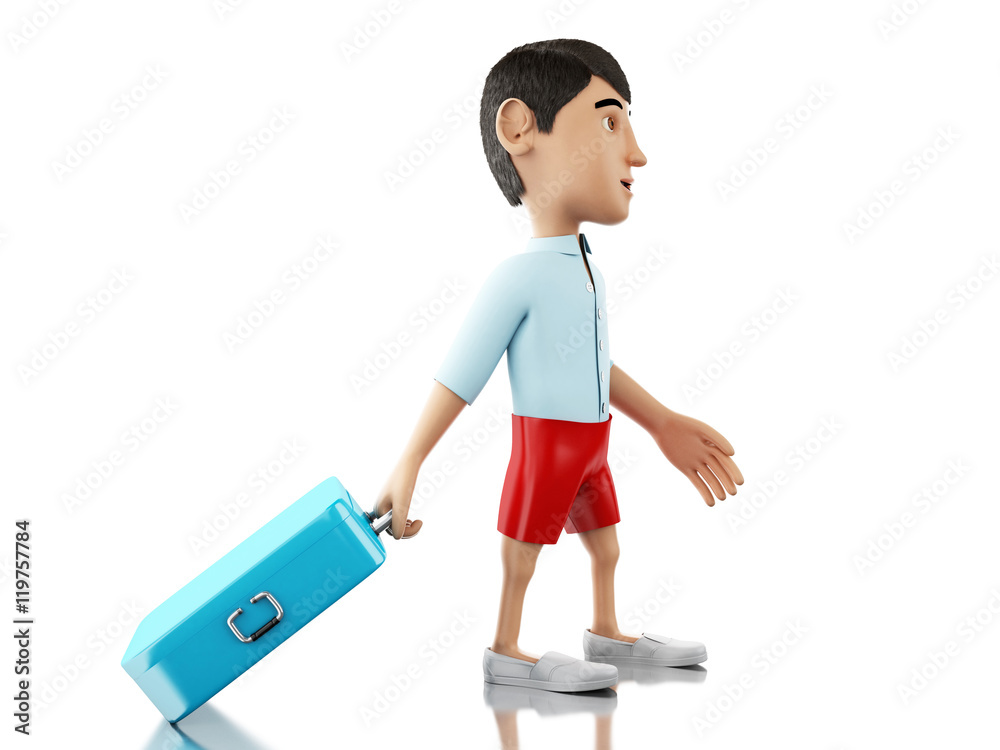 3d Man with a suitcase goes on vacation.