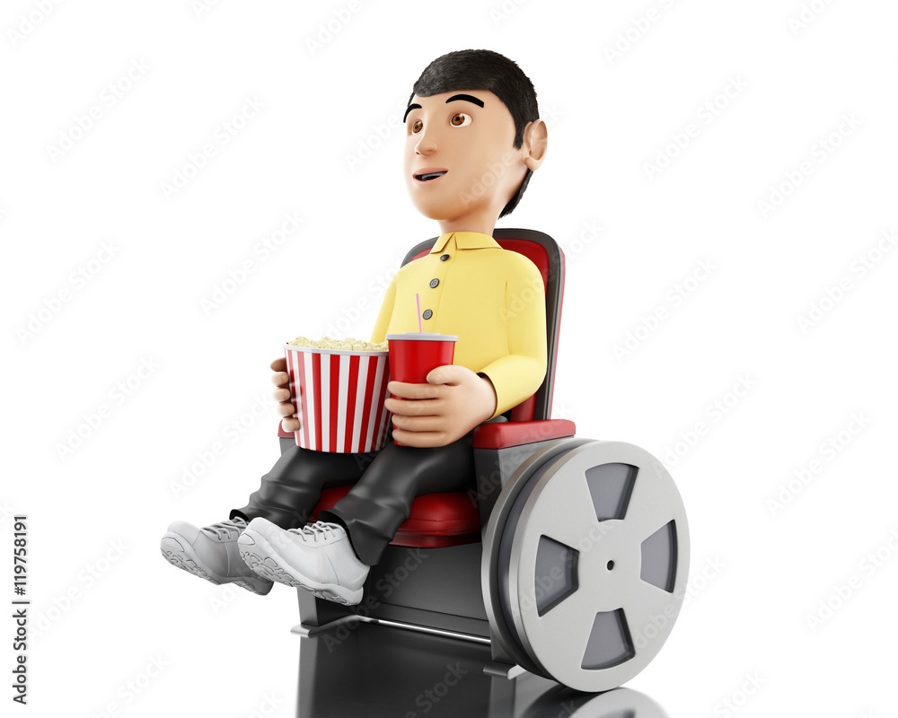 3d Man in the cinema and eating popcorn.