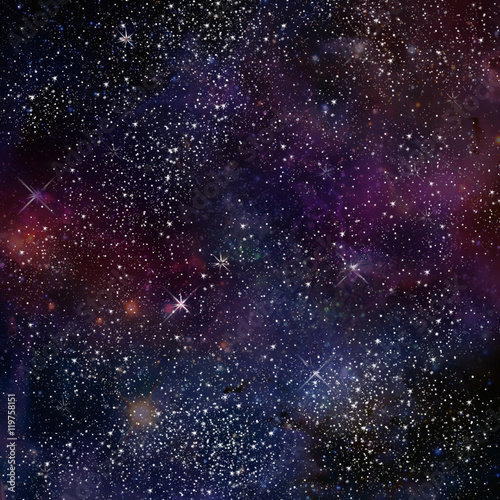 Night sky, Deep outer space abstract background with stars and nebula. Hand Drawn. Digital illustration.
