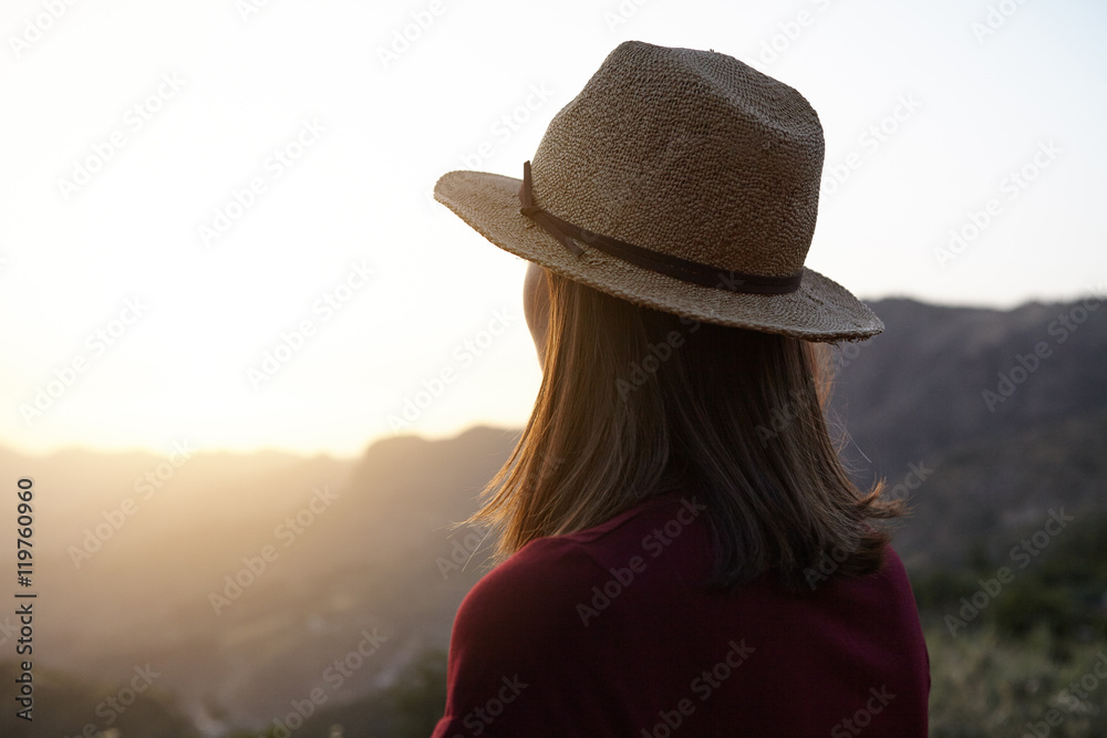Girl from behind looking at the mountains