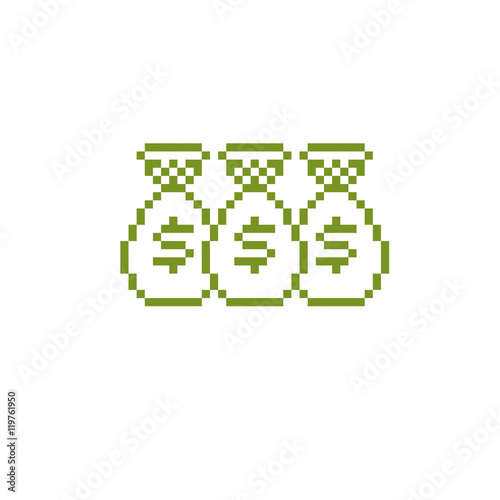 Vector retro sign made in pixel art style. Bags of money, econom