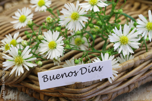 Buenos Dias (Good morning in Spanish) with chamomile flowers on wicker tray
