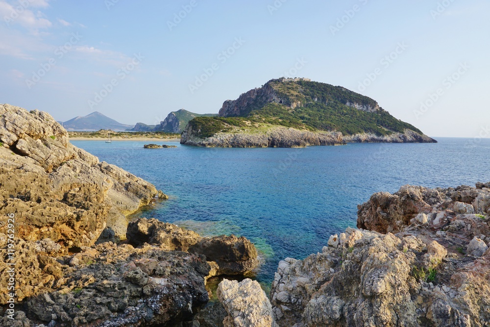 The omega-shaped Voidokilia beach near Navarino and Pylos, Greece