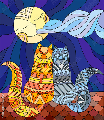 A couple of cats in stained glass abstract style sitting on the roof against the sky and the moon