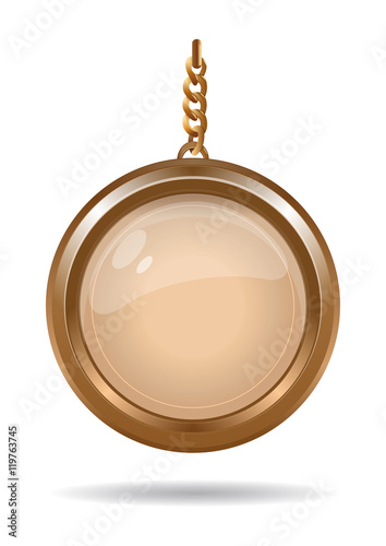 Gold medallion on a gold chain. Round keychain. Vector illustration