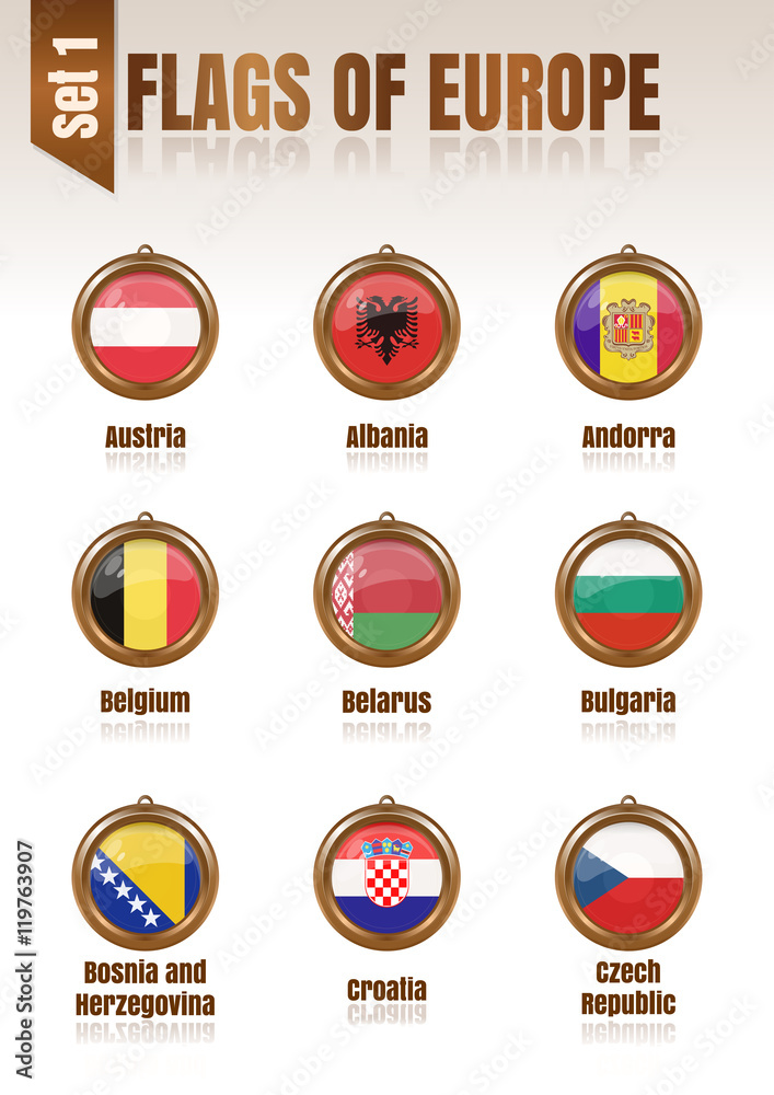 Flags of Europe in the form of circular pendants, vector illustration. Set 1