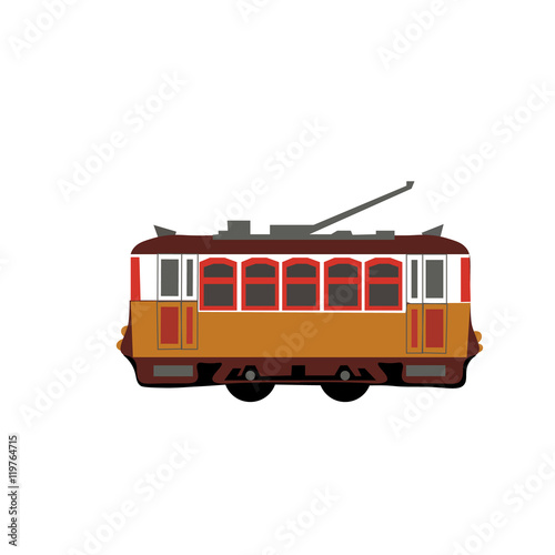 Vintage tram. Retro tram. Detailed tram. Side view tram. Touristic tram. Yellow tram