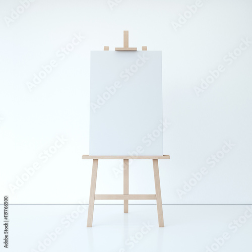 Wooden easel with empty white canvas. 3d rendering